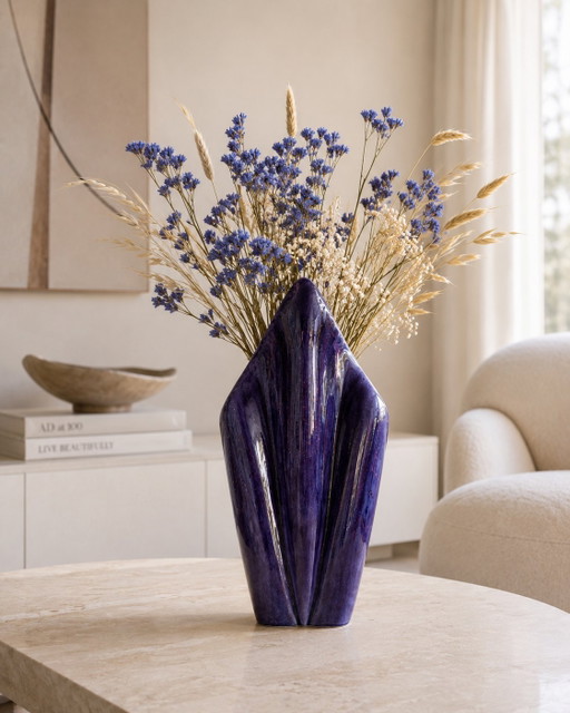 Large Sculptural Postmodern Ceramic Vase in Deep Violet Glaze – 35 cm