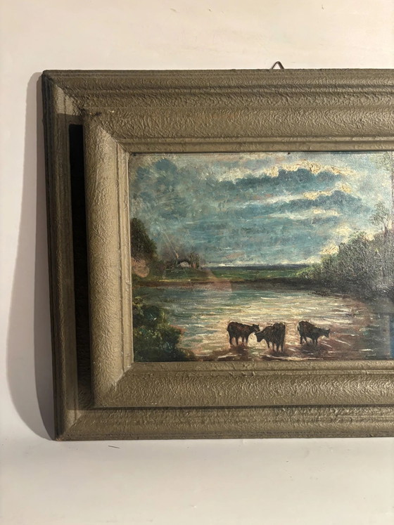 1950s Oil Painting on Board of Cows at Sunset, Paintings & Drawings (photo 2 of 10)