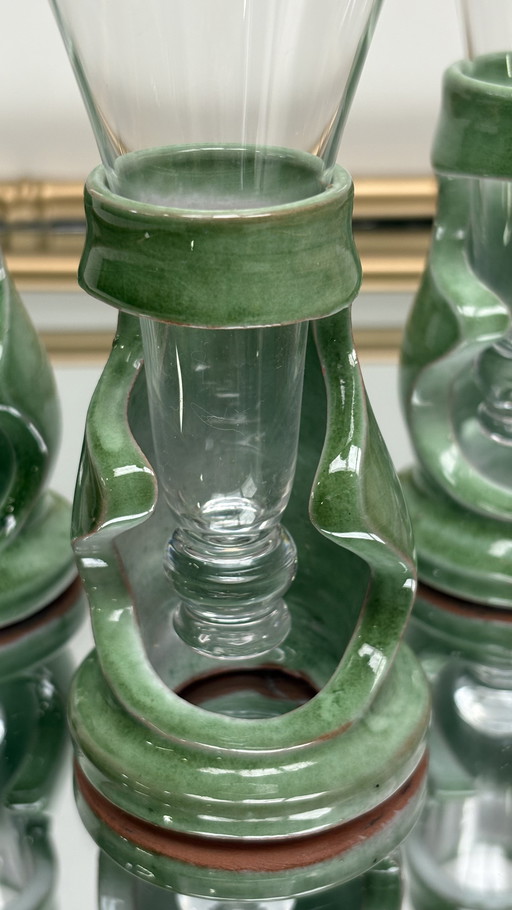 Copas de champán de cristal Francis Dumelié de cerámica verde