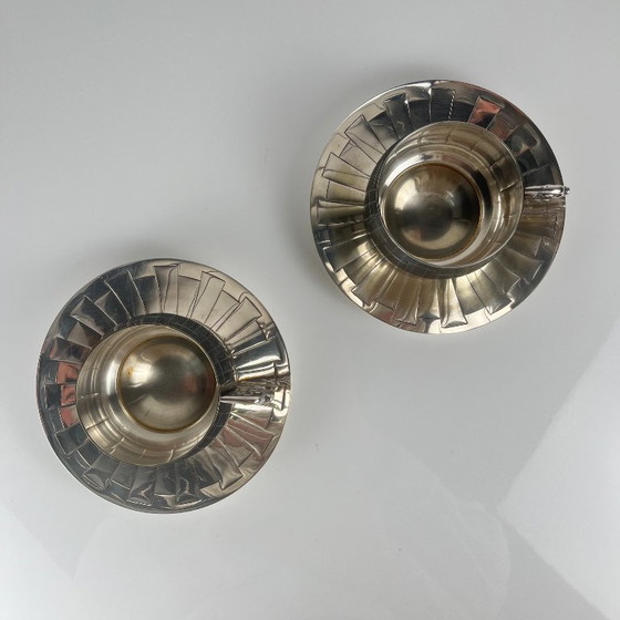 Image 1 of Pair of Art Deco silver-plated cups and saucers, Corbière & Vuillermoz (attributed), France, circa 1920/30.
