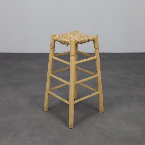 Image 1 of Ensemble de 4 tabourets de bar en bois et canne, 1970