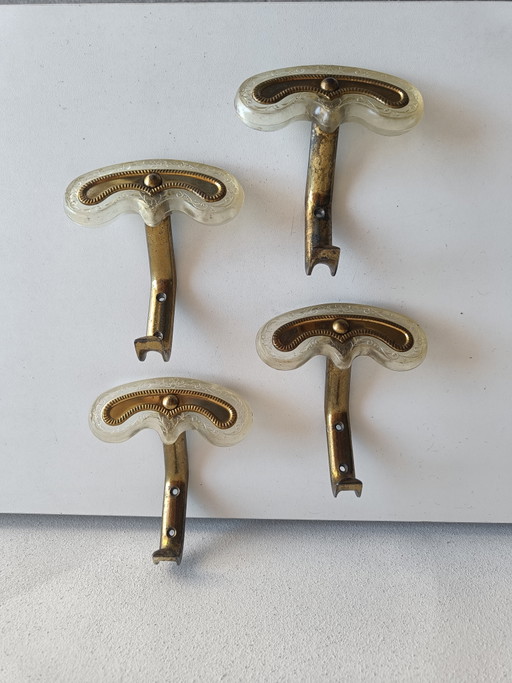 Set of 4 Vintage Wall Hooks in Gilt Metal and Decorative Plastic – Italian Design 1950s/60s