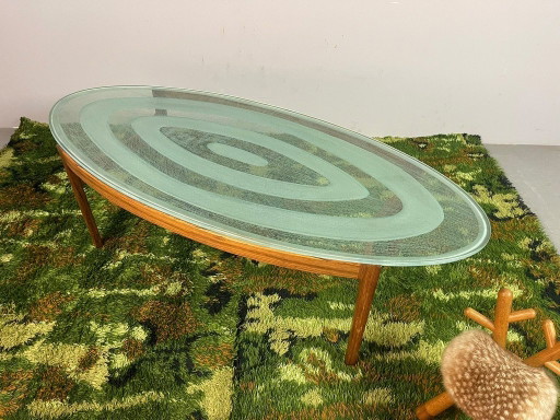 Prächtiger Mid-Century Ib Kofod-Larsen Ovaler Couchtisch aus Palisander & geätztem Glas. Dänemark / Deutschland, 1960er. Ref.: C