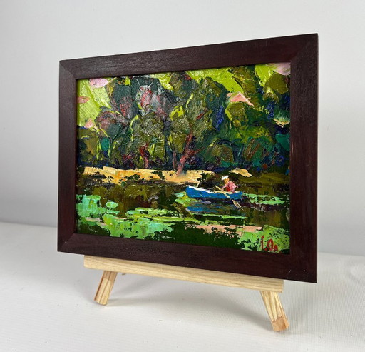Original Oil Painting Summer River Landscape Calm on the water