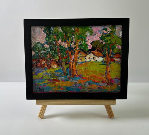 Originales Ölgemälde: Ländliche Abendlandschaft am Dorfrand – schilderijen tekeningen, Canvas