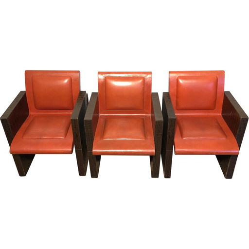 Conjunto de 3 sillones vintage de cuero marrón y naranja, Francia 1970