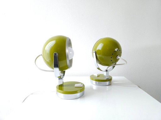 Set of 2 olive green vintage space age eyeball table lamps, metal green and chrome mid-century modern lamp