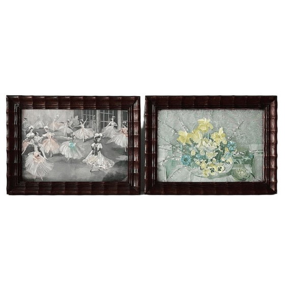 Image 1 of Antieke set foliedruk schilderijtjes ballet bloemen folieprint metaalets 1920's
