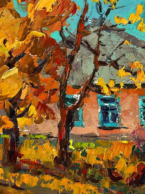 Image 1 of Peinture à l'huile originale représentant un paysage champêtre, une maison et une maison en automne dans un village