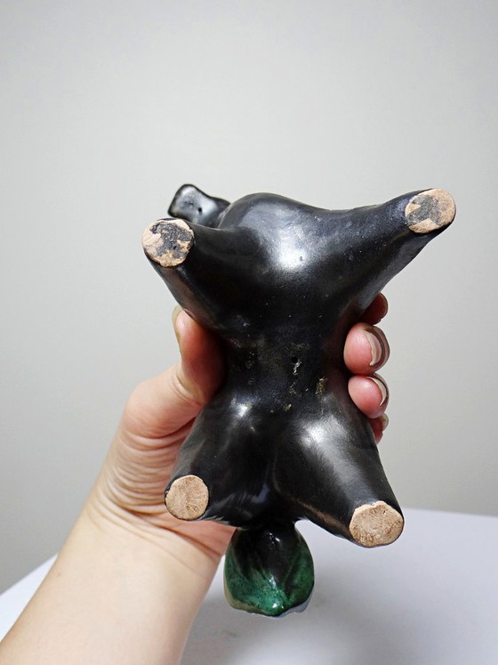 Image 1 of Vintage gestileerd paard van zwart en groen geglazuurde klei, handgemaakt.