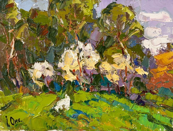 Image 1 of Original Oil Painting Summer Nature Landscape Thorns are blooming