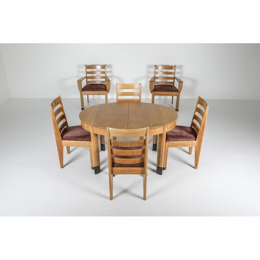 Vintage oval rationalist oak dining set, Low Countries 1920