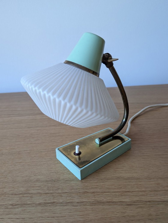 Image 1 of Rare German Mid-Century Table Lamp | Mint Green and Brass | Original Ribbed Glass Shade | 1950s–1960s