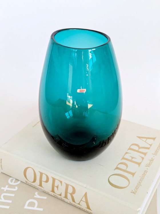 Image 1 of Midcentury Karl Friedrich Glas Mouth-Blown Teal Glass Vase, Votive Holder, 1960s German Art Glass