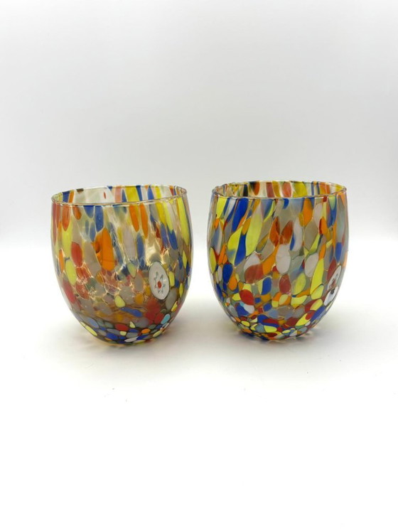 Image 1 of Set di 6 bicchieri in vetro soffiato veneziano con murrine Effetre Murano fuse nel vetro, hand made in italy