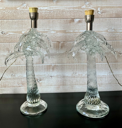 Pair of Italian Palm Tree Glass Lamps in the Style of Tommaso Barbi, 1970s