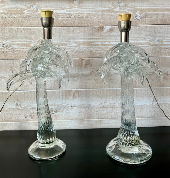 Image 1 of Pair of Italian Palm Tree Glass Lamps in the Style of Tommaso Barbi, 1970s
