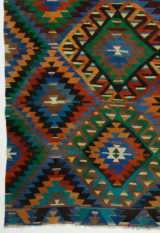 Groot vintage Anatolisch kilimkleed – Kleurrijk geometrisch handgeweven wollen platgeweven tapijt 308 x 164 (photo 4 of 10)