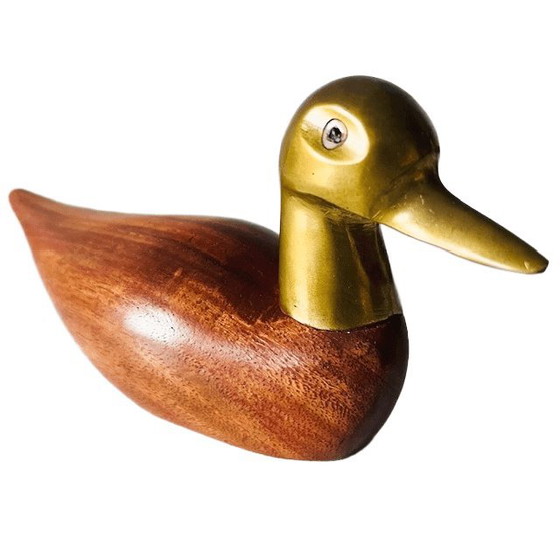 Image 1 of Vintage mid-century brass wooden duck figurine Hollywood Regency 1970s