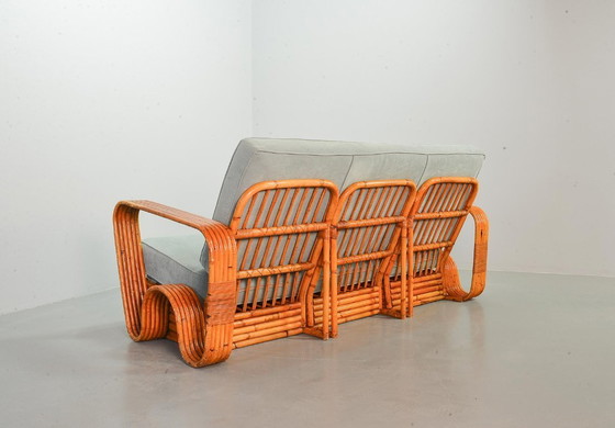 Image 1 of Fabulous Mid-Century Design Six Strand Rectangular Rattan 3-Seat Sofa with Frost Blue Fabric Cushions Attributed to Paul Frankl