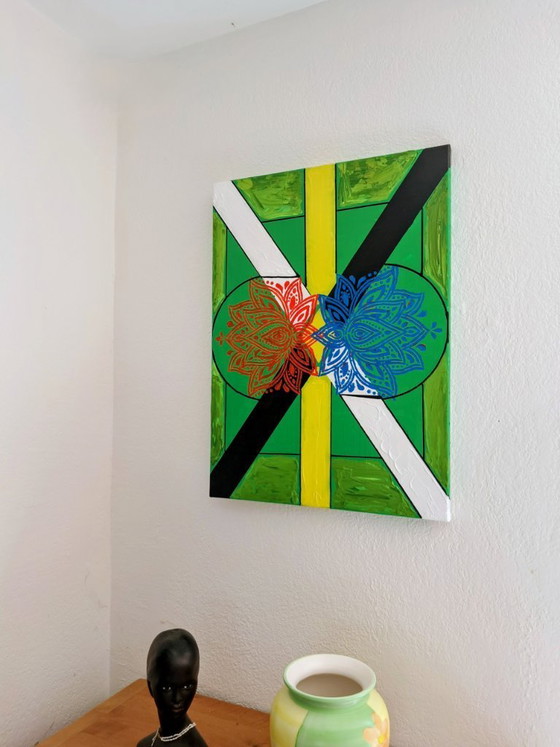 Image 1 of Enzo San Marco - Essentiële kleuren op een groene achtergrond - Schilderij van de kunstenaar