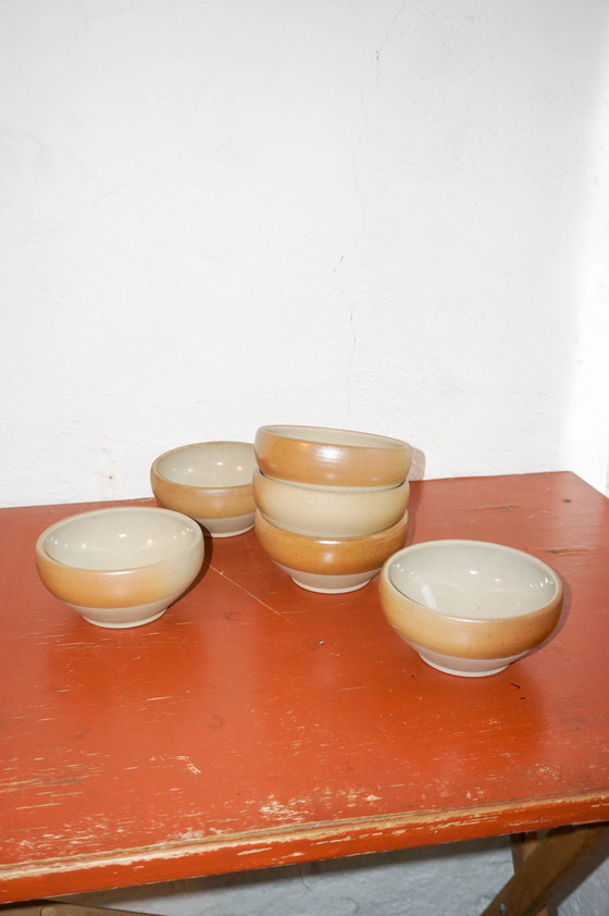 Image 1 of Vintage Grès Kommen * Set van 6 * Frans Keramisch Steengoed * Rustiek Beige Bruin Aardewerk