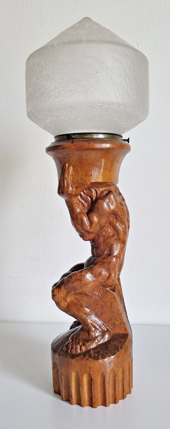 Image 1 of Folk art wooden sculpture lamp with crackled glass
