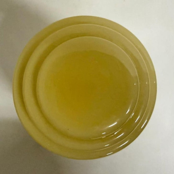 Image 1 of Art Deco Thabur lamp brass fixture yellow glazed stepped shade