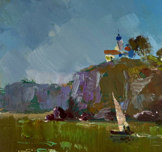 Image 1 of Original Oil Painting Summer River Landscape River flows through rocky cliffs