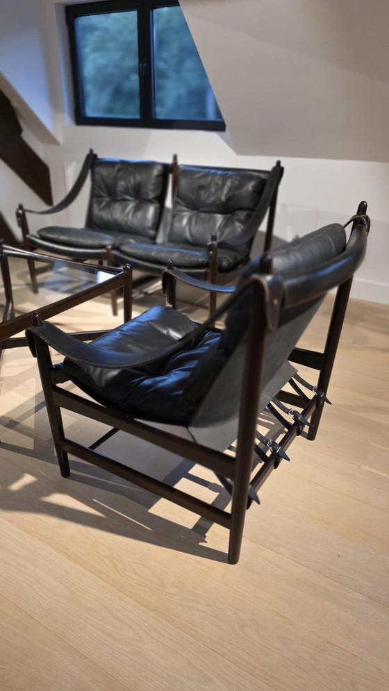 Schwarzes Vollnarbenleder Skandinavisches Safari Sitzecke Set – 1960er Jahre – Wood, Leather (photo 4 of 8)