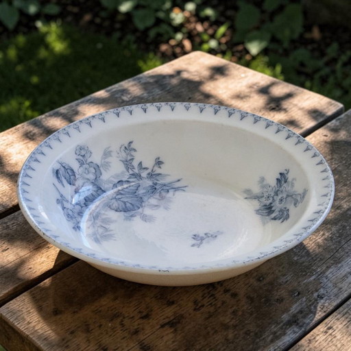19th century ironstone shallow dish signed Sarreguemines, Flore collection
