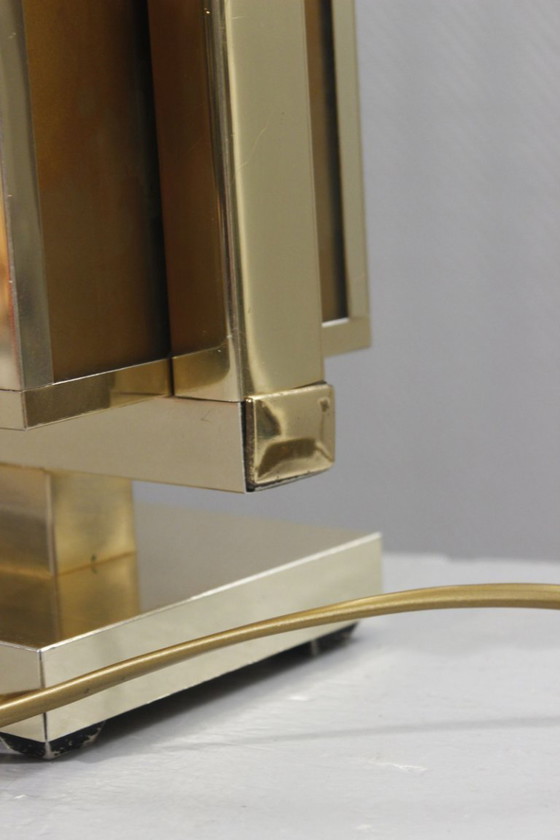 Image 1 of Philippe Cheverny - Grote messing lampvoet met omgekeerd beschilderd glas, Frankrijk, jaren 70