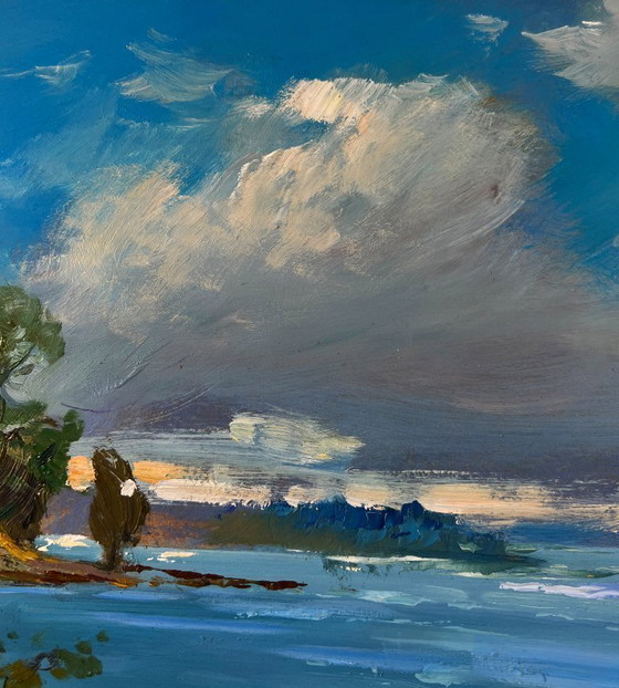 Image 1 of Original Oil Painting Summer Coastal Landscape A lonely boat on the river bank