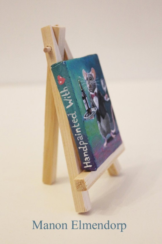 Image 1 of Unique Hand-Painted Small Painting Mouse Waiter Signed