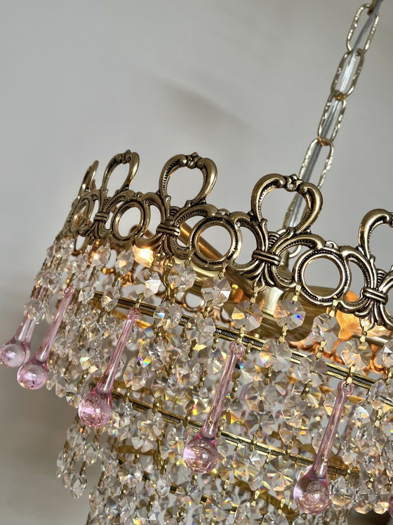 Image 1 of Lustre vintage rose en forme de larme, suspension en cristal de Murano