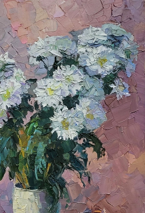 Original Oil Painting Still Life Bouquet of Flowers Chrysanthemum on Pink – Paintings & Drawings, Canvas (photo 5 of 7)