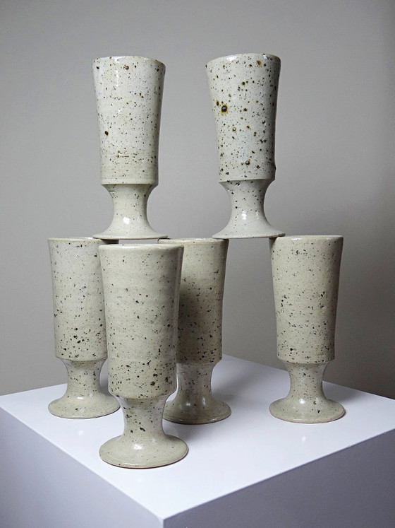 Set of 6 vintage pyritized stoneware mazagrans, 1960s-1980s, Crockery, Ceramic, Creme (photo 3 of 12)