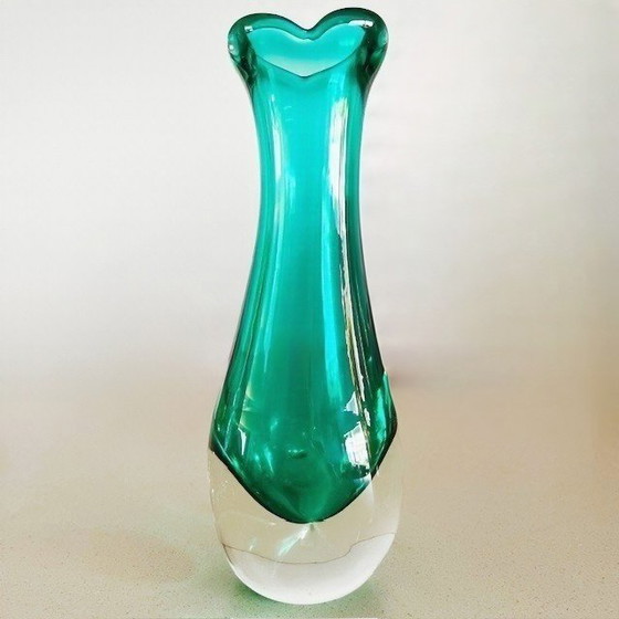 Image 1 of Vintage mid-century Murano glass Chambord vase Fratelli Toso green turquoise 1950's