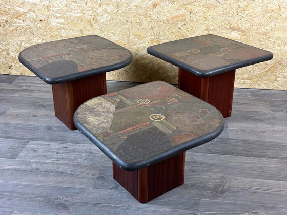 Image 1 of 90s set van 3 Brutale salontafels met mozaïek van Paul Kingma voor Kneip