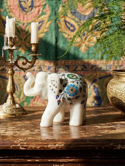 Decorative Indian elephant in alabaster inlaid with stones, vintage craftsmanship
