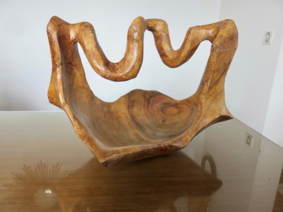 Cesta grande o centro de mesa tallado en una sola pieza de madera de olivo, circa 1970, Italia (photo 6 of 14)