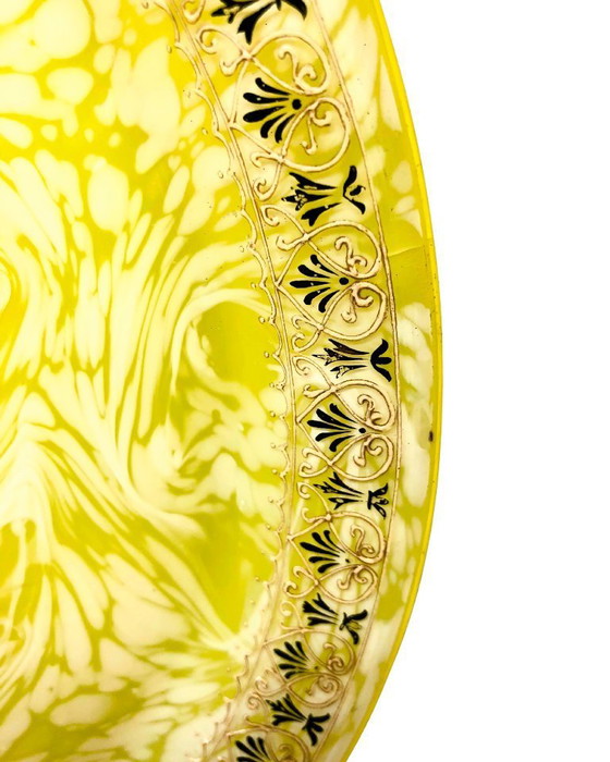 Image 1 of Hand Blown Art Glass Plate Yellow White Swirl Gold Rim Murano Style Vintage