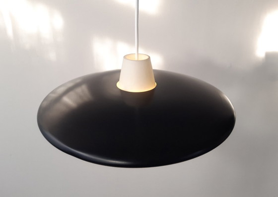 Image 1 of Vintage milk glass UFO-shaped pendant lamp with metal saucer, mcm lamp
