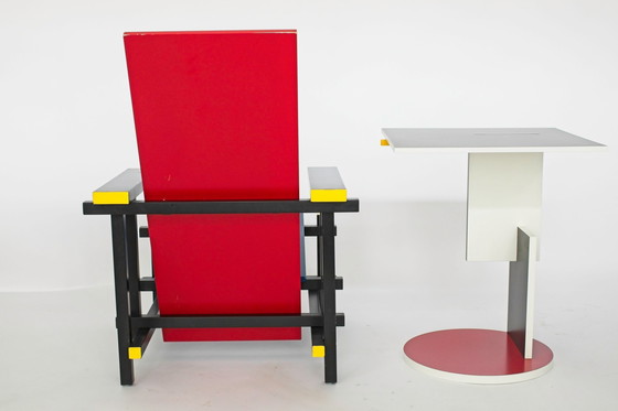 Image 1 of Red-blue chair (without proof) & Schroeder table by Gerrit Rietveld for Cassina, set of 2
