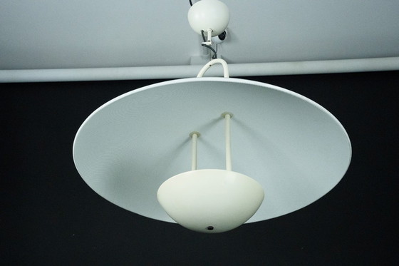 Image 1 of Vintage 1990s White Pendant Lamp with Glass Top Shade. Italy