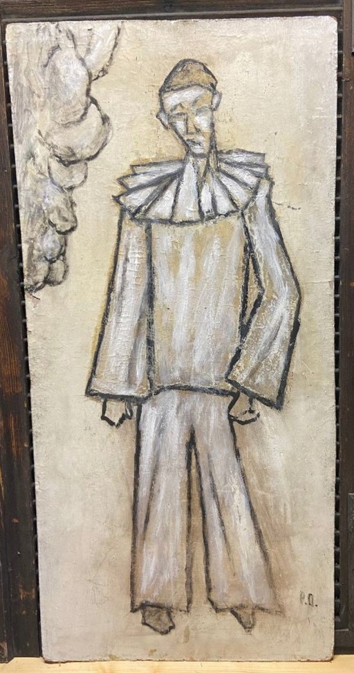 Antique Painting on Wooden Panel, Clown in the Style of Bernard Buffet, Double-Sided
