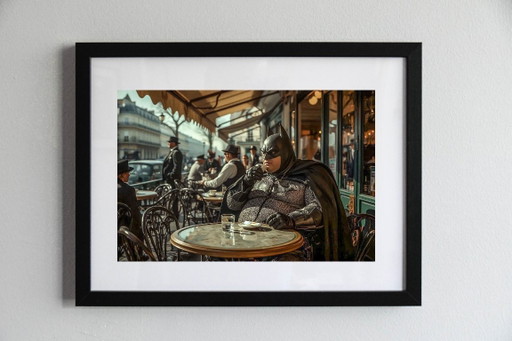 Foto stampata e incorniciata / edizione limitata / Batman al caffè / Parigi / cornice decorativa
