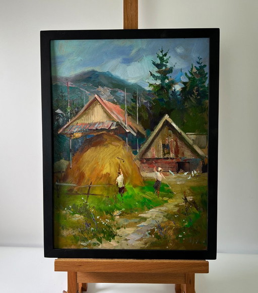 Original Oil Painting Rural Landscape Village Life House On The Mountains – schilderijen tekeningen, Mdf (photo 2 of 9)