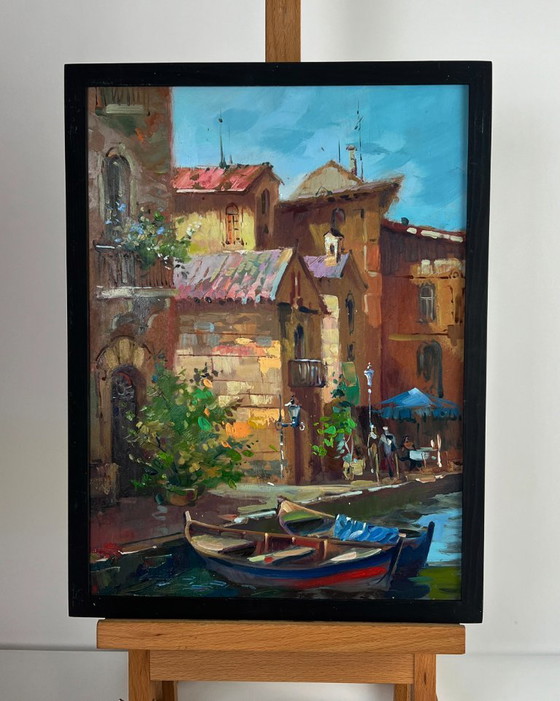 Image 1 of Peinture à l'huile originale représentant un paysage urbain et une architecture. Une promenade dans les rues de Venise.