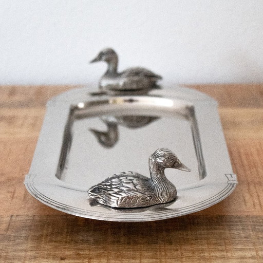 Vintage-Schale aus den 1960er Jahren für französische Foie Gras, versilbert: Griffe in Entenform und Art-Deco-Design
